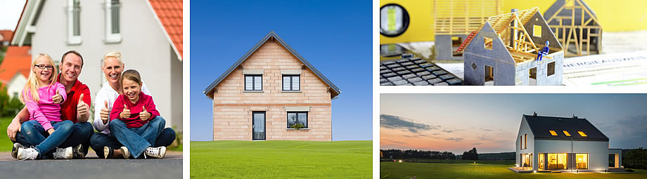 Bildcollage. Familie sitzend auf der Strasse vor einen Haus, ein Haus mit roten Ziegeln auf einer grünen Wiese, ein Haus als Modell im Rohbau, ein Hause beleuchtet in der Abenddämmerung am Horizont sieht man die Abendröte